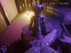Playful busty hentai monster passionately sucking masculine dude's cock